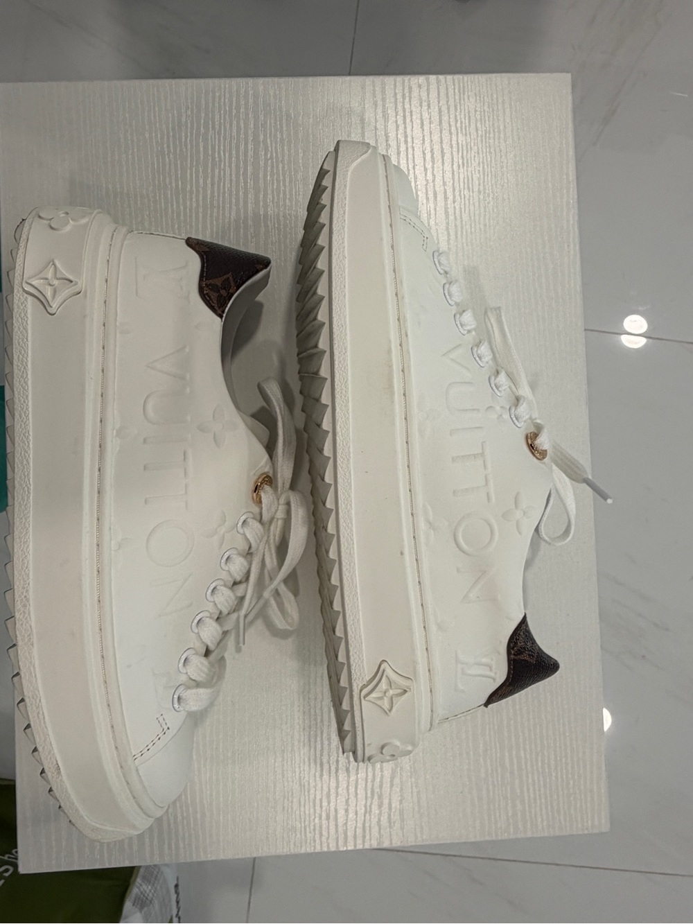 White Embossed Leather Sneakers with Gold Accent - Women's - Picture 4 of 5